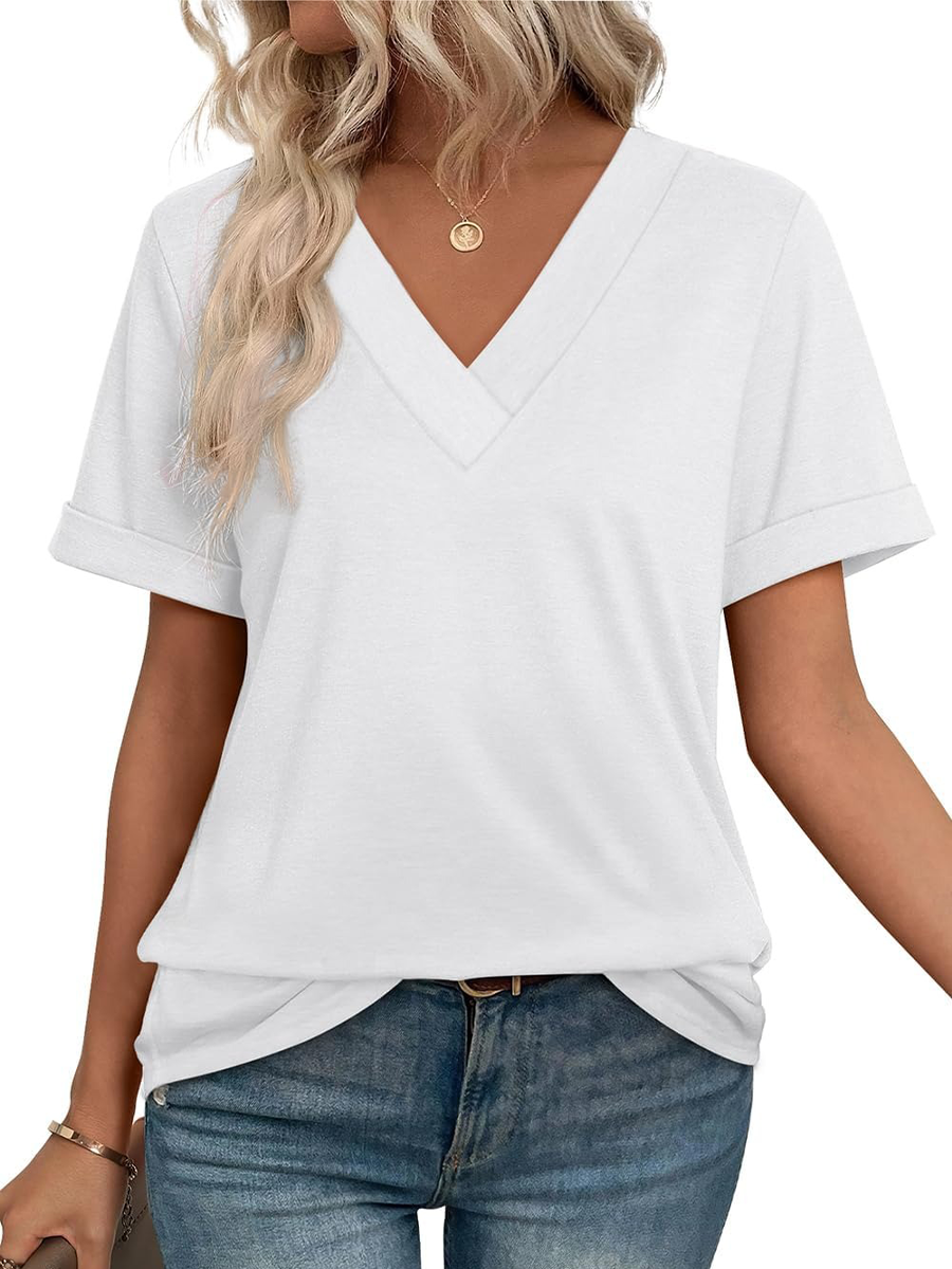Women's Summer V Neck Short Sleeve Basic Casual T-shirt