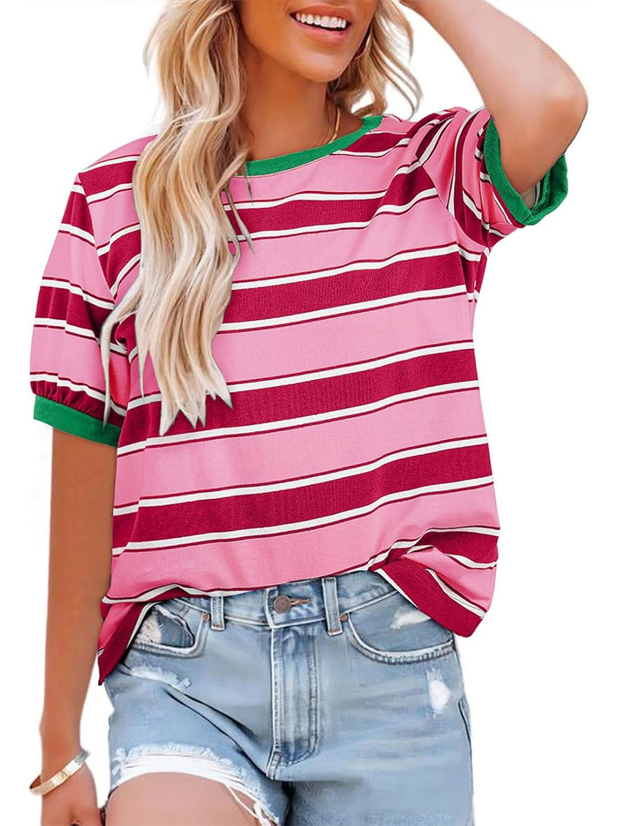 HOT SALE Women's Striped Color Block Short Sleeve T-Shirts Casual Loose Basic Tee