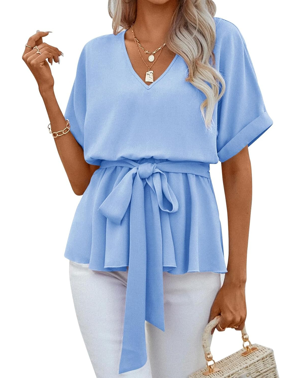 Women's V Neck Belted Ruffle Short Sleeve Blouse Casual T-Shirts