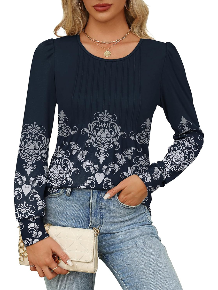 Women's Printed Long Sleeve Pleated Front Tunic Tops