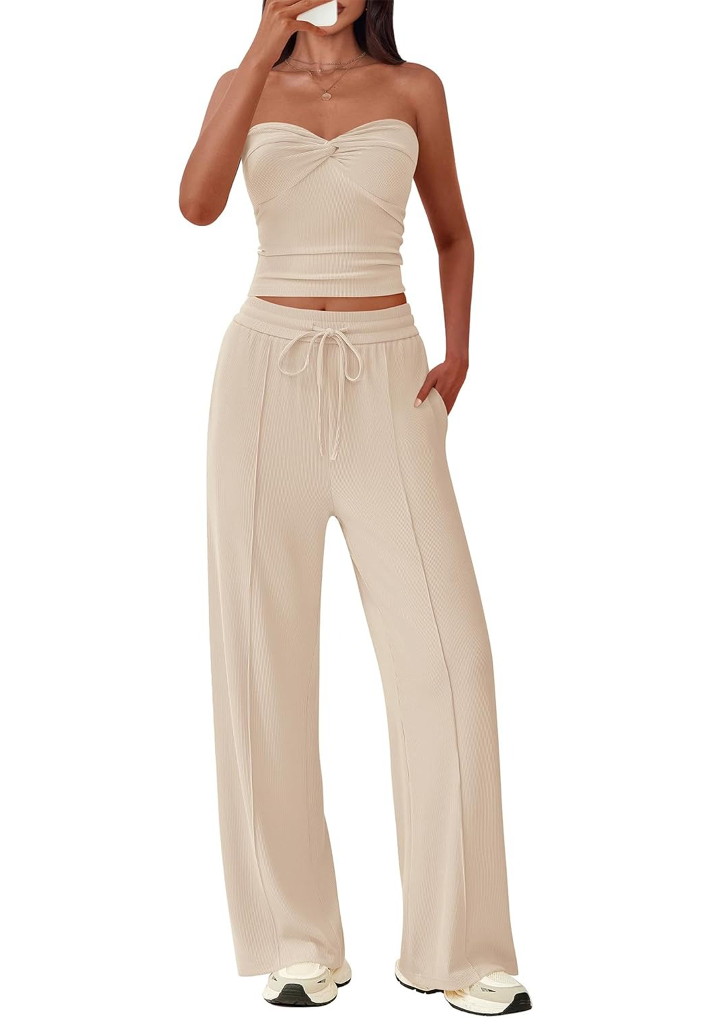 Women's Ribbed Strapless Twist Knot Tube Top Pants Set