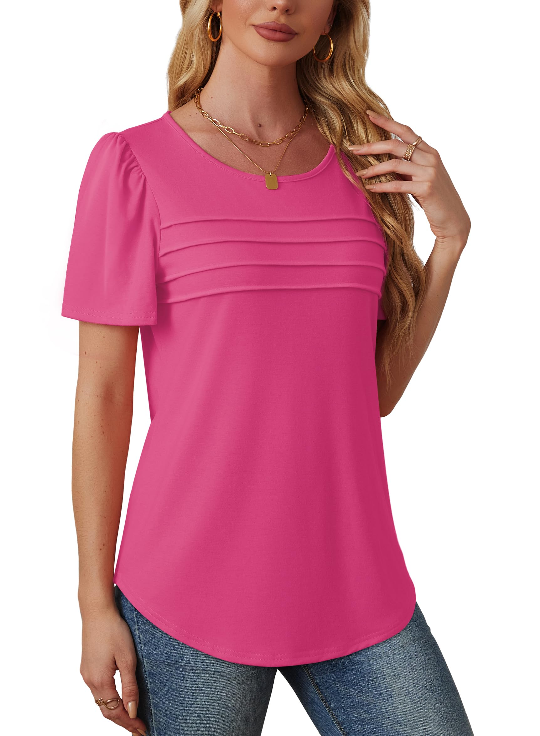 Women's Short Sleeve Pleated Front Scooped Neck T-shirts (Buy 3 Free Shipping)