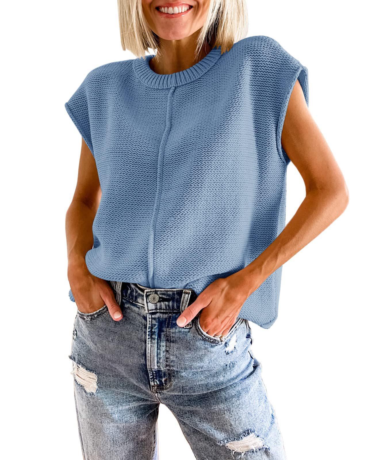 Women's Crew Neck Cap Sleeve Knitted Lightweight Mid Seam Top