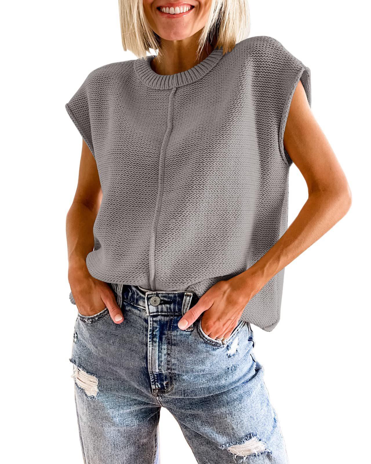 Women's Crew Neck Cap Sleeve Knitted Lightweight Mid Seam Top