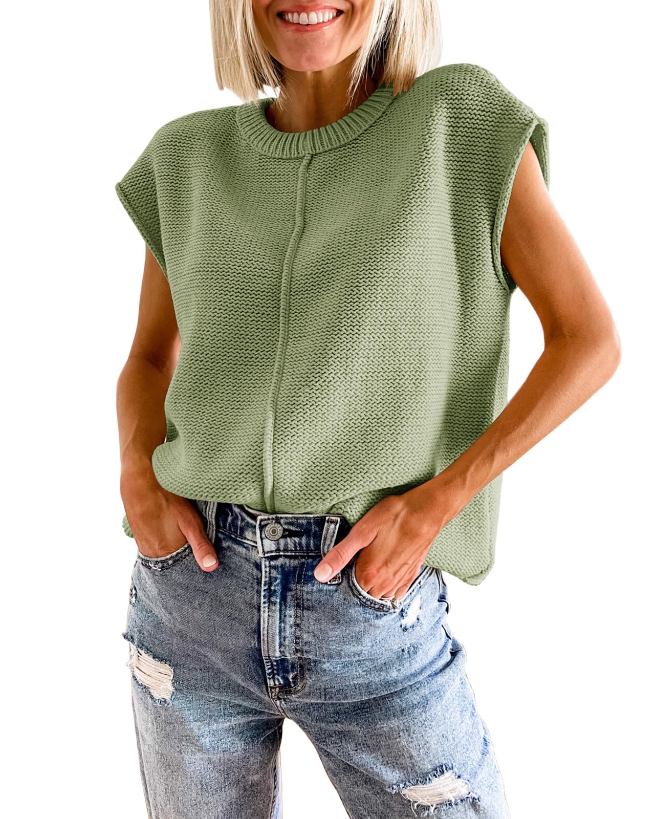 Women's Crew Neck Cap Sleeve Knitted Lightweight Mid Seam Top