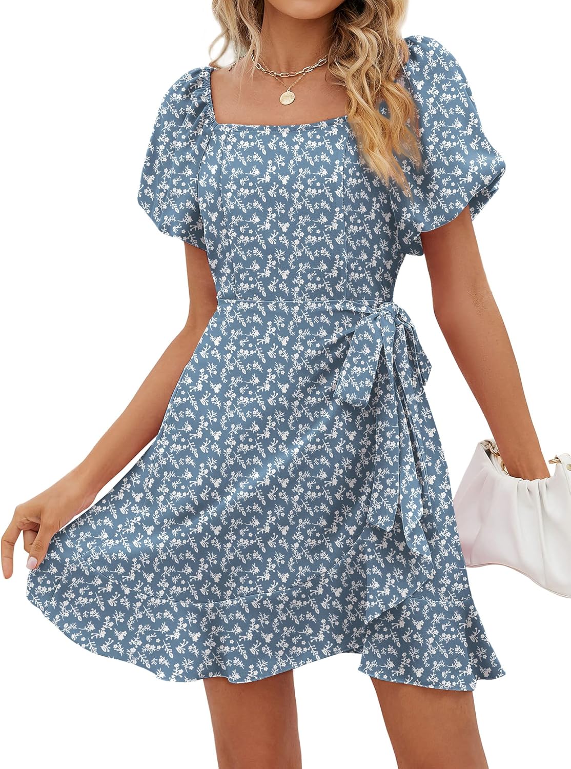 HOT SALE Women's Square Neck Puff Sleeve Tie Waist Short Dress