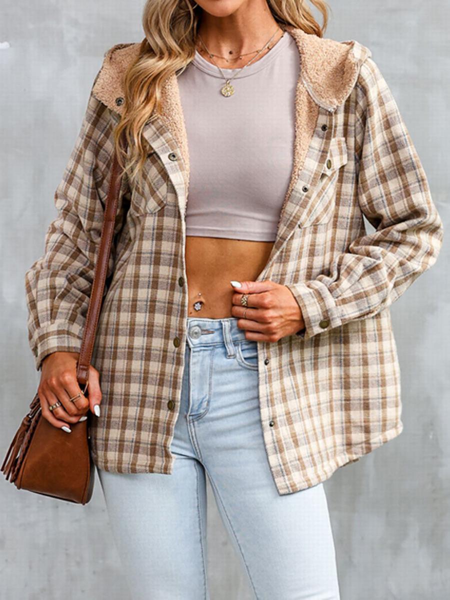 🔥Women's Plaid Long Sleeve Button Fleece Hooded Jacket