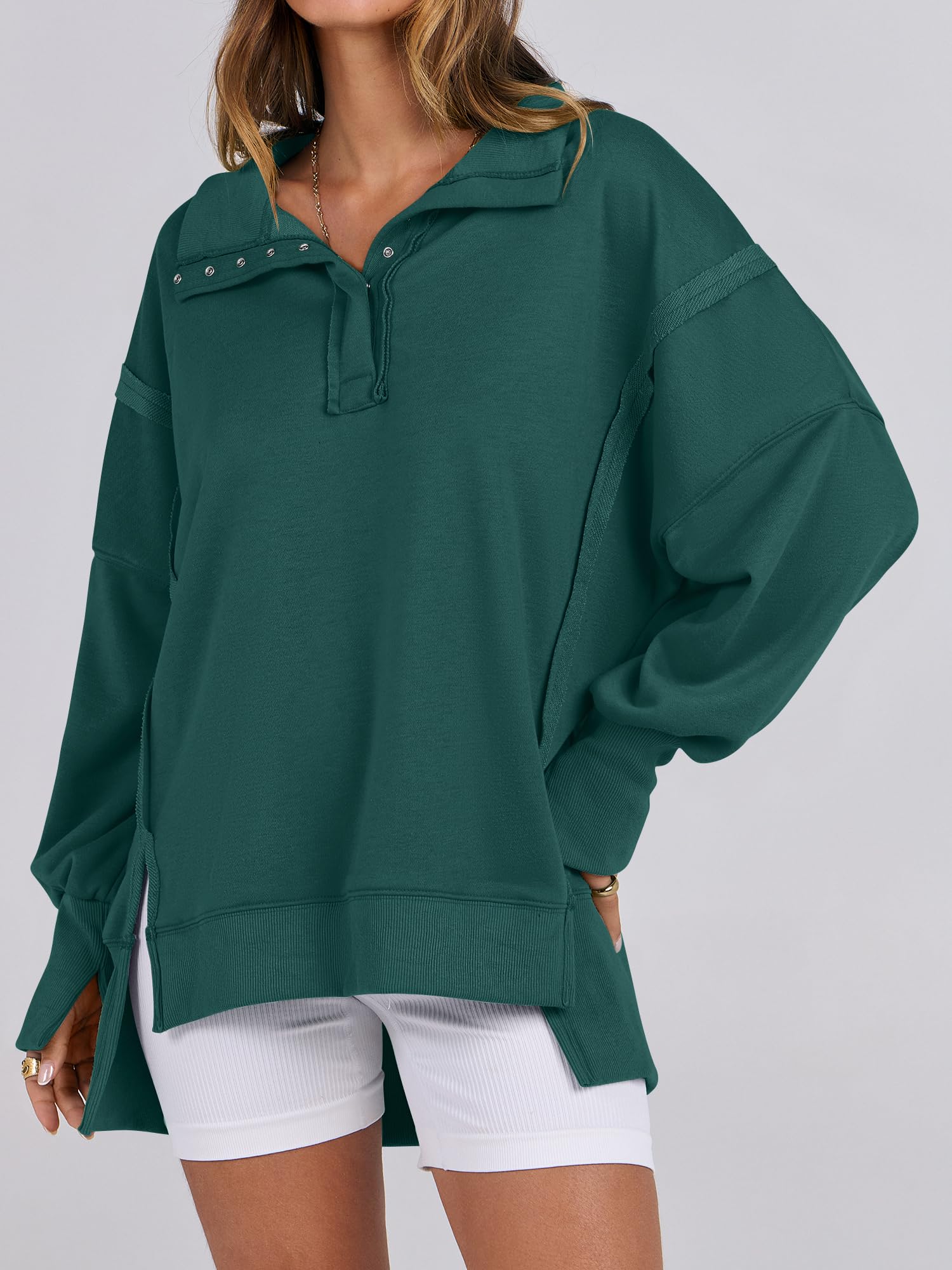 Womens Oversized V Neck Button Up Henley Pullover Sweatshirts