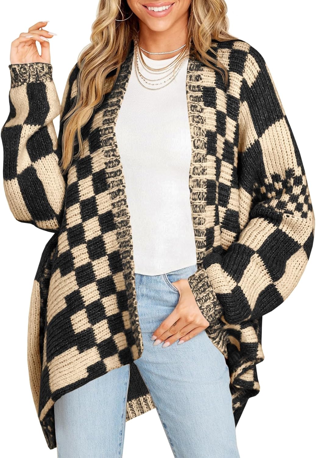 HOT SALE Women's Checkered Sweater Color Block Plaid Cardigans