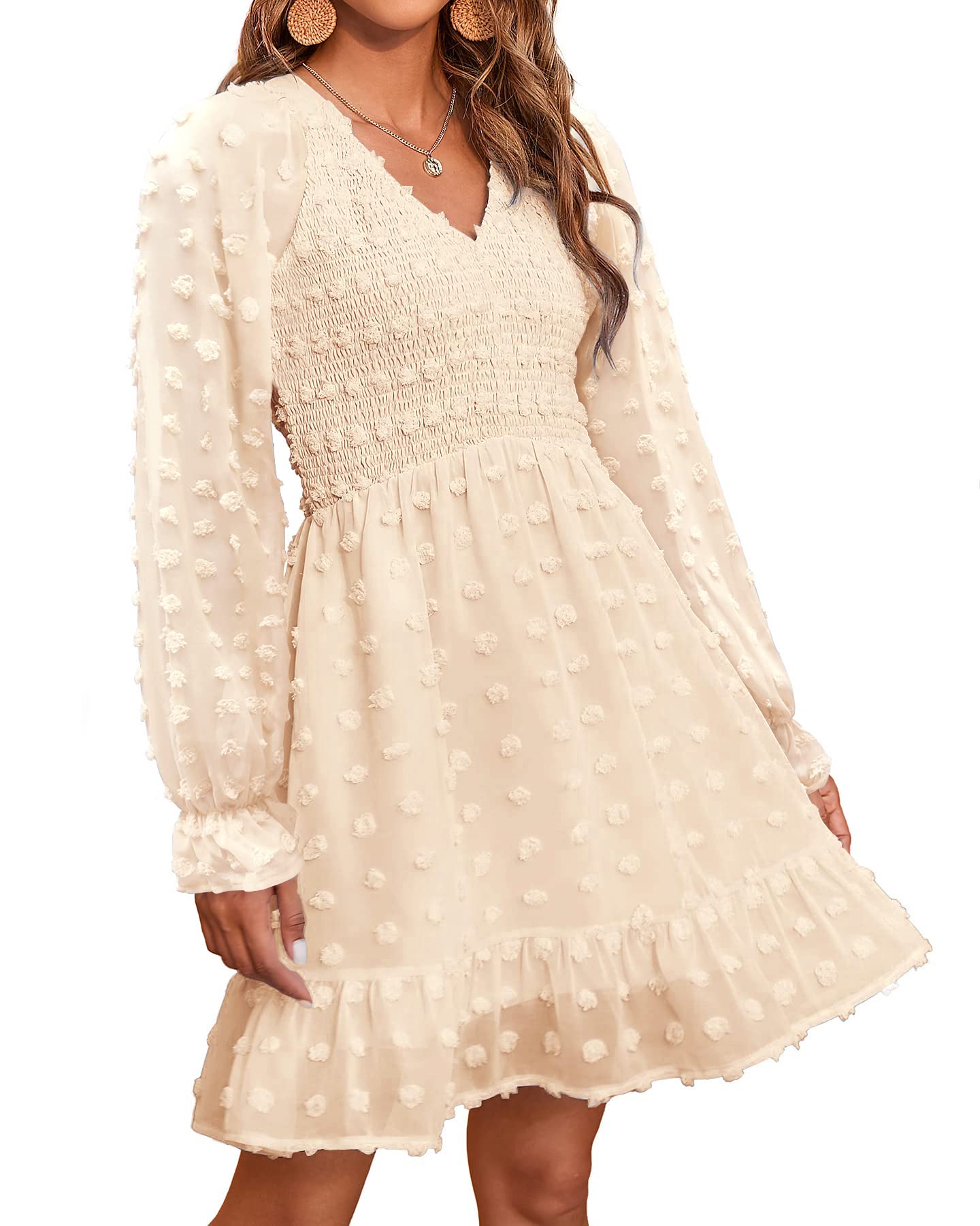 2025 Womens V Neck Casual Smocked Swiss Dot Swing Ruffle Mini Dress(Buy 2 Free Shipping)