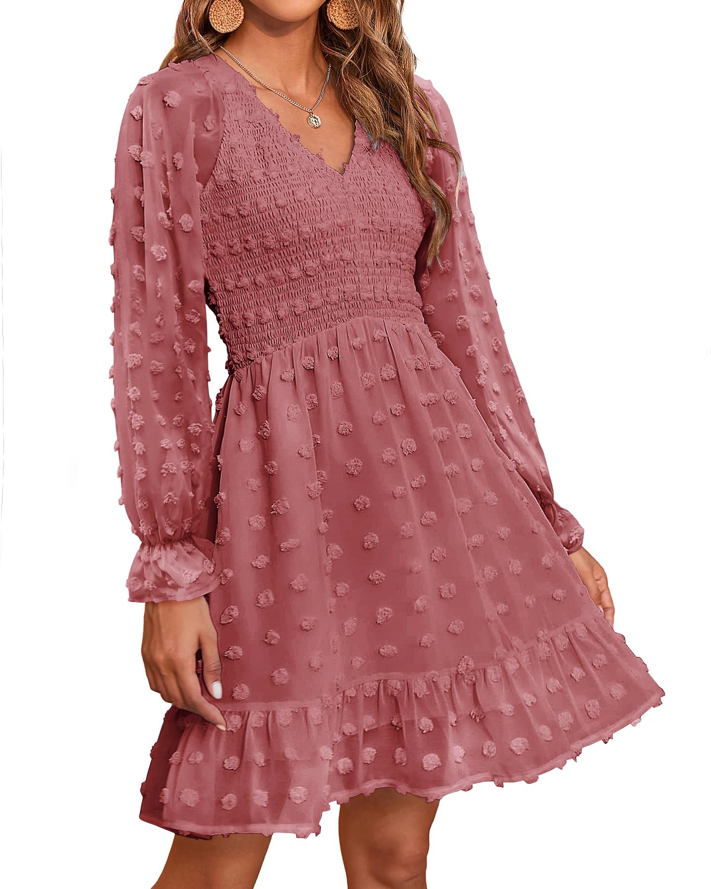 2025 Womens V Neck Casual Smocked Swiss Dot Swing Ruffle Mini Dress(Buy 2 Free Shipping)