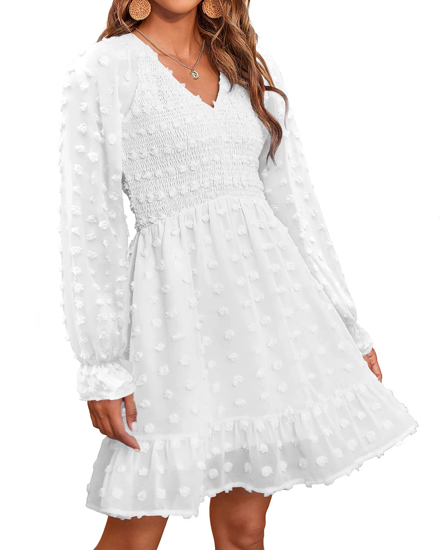 2025 Womens V Neck Casual Smocked Swiss Dot Swing Ruffle Mini Dress(Buy 2 Free Shipping)