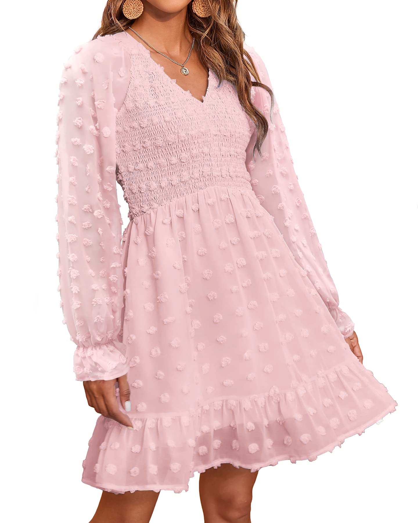 2025 Womens V Neck Casual Smocked Swiss Dot Swing Ruffle Mini Dress(Buy 2 Free Shipping)