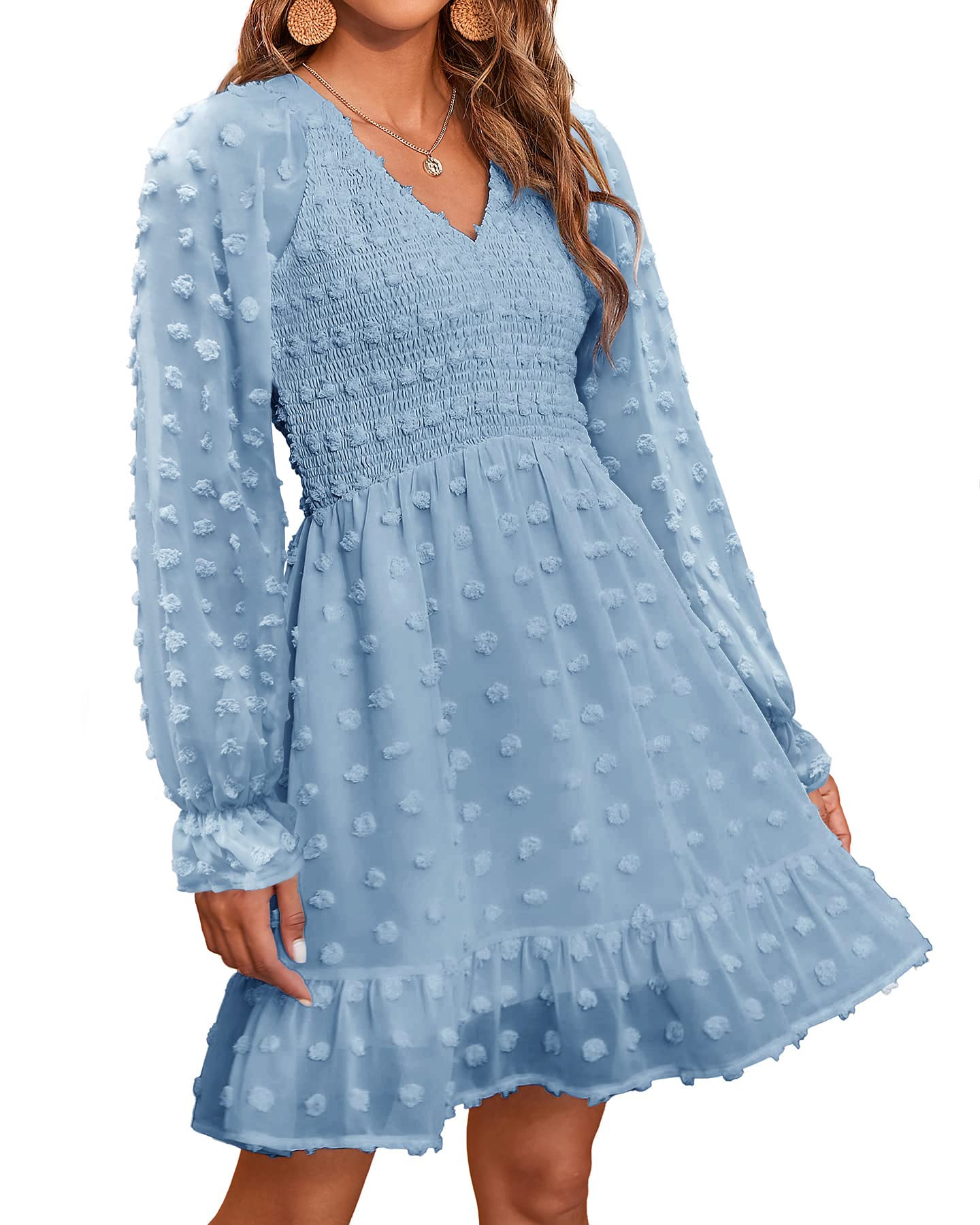 2025 Womens V Neck Casual Smocked Swiss Dot Swing Ruffle Mini Dress(Buy 2 Free Shipping)