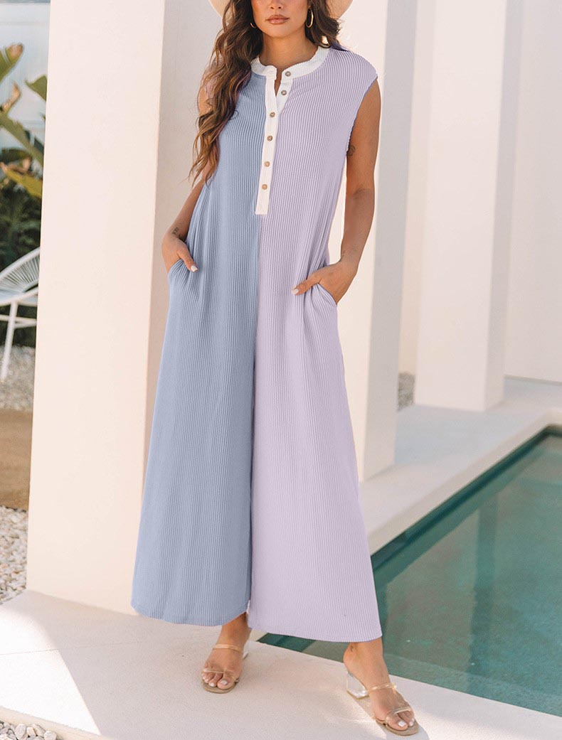 Women's Ribbed Colorblock Buttoned Front Sleeveless Wide Leg Jumpsuit