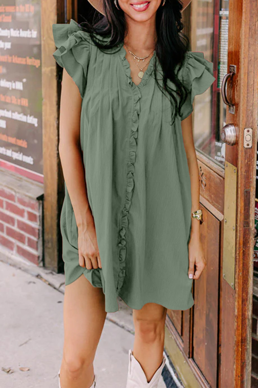 HOT SALE Women's Elegant Ruffle Short Sleeve Buttoned V Neck Pleated Dresses