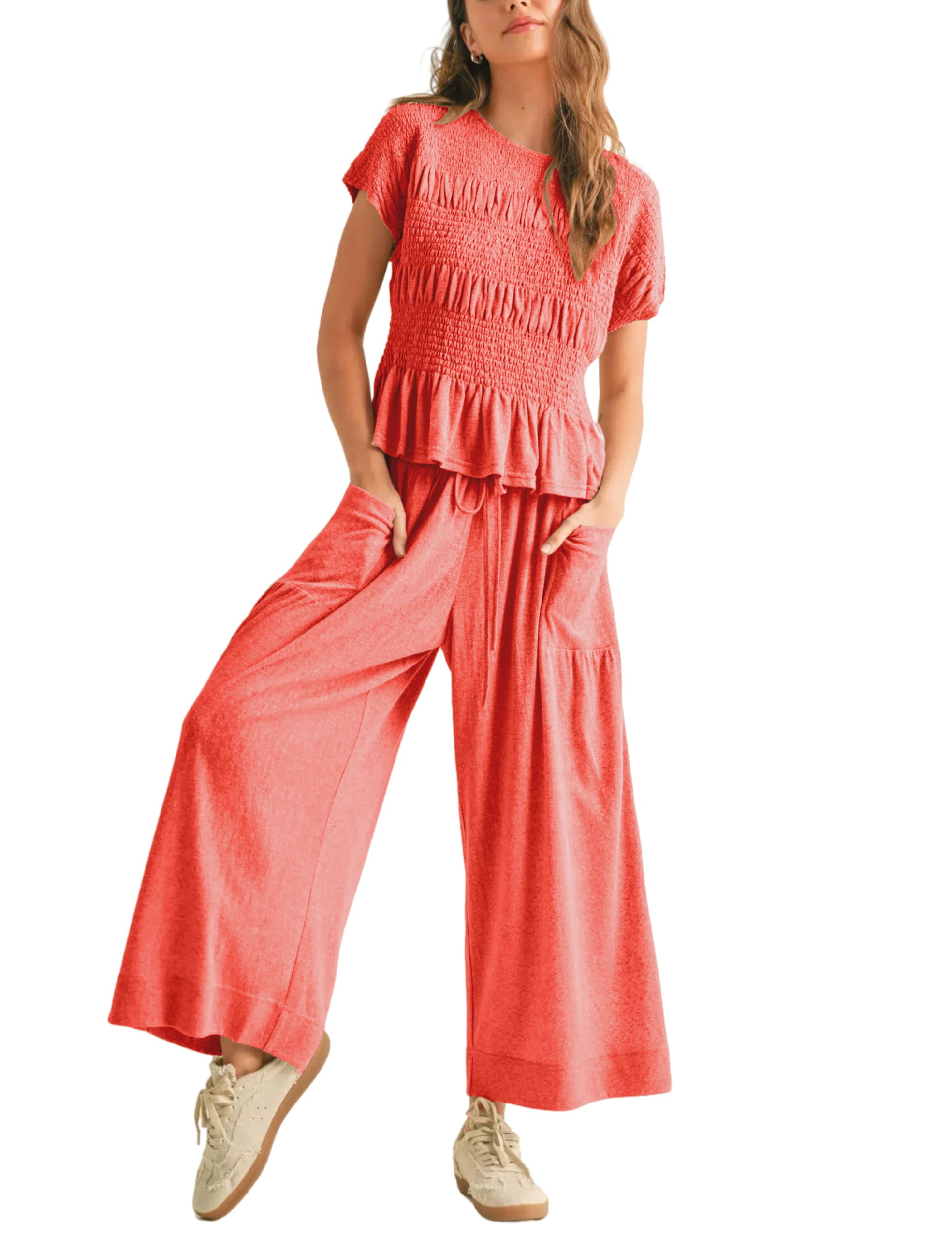 HOT SALE Women's Pleated Top Wide Leg Pants Set with Pockets