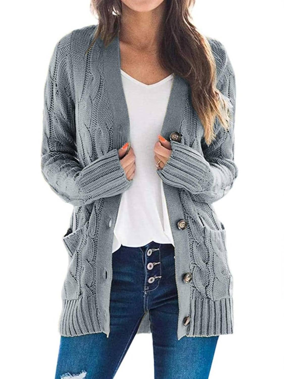 HOT SALE Women's Button Down Open Front Cable Knit Cardigan Sweater