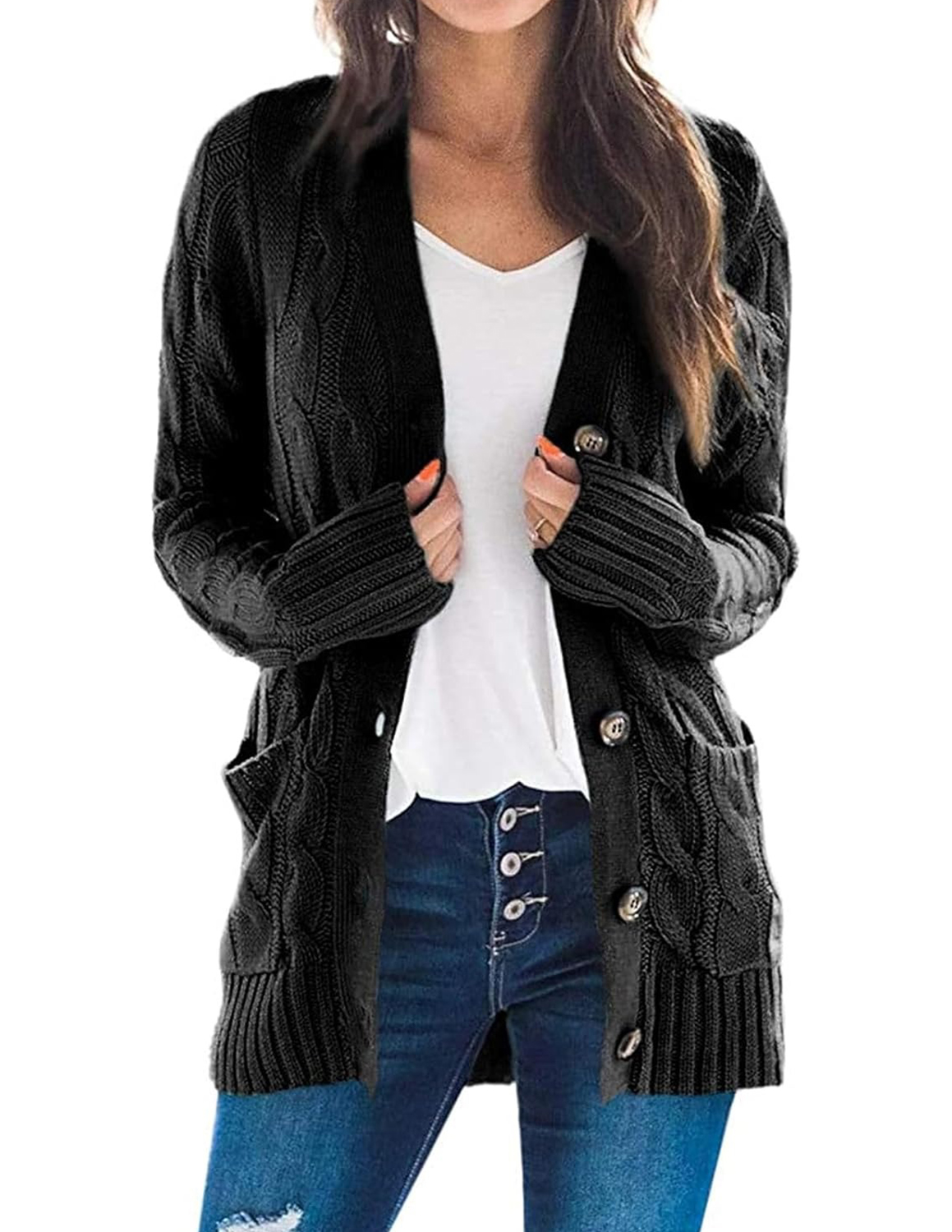 HOT SALE Women's Button Down Open Front Cable Knit Cardigan Sweater