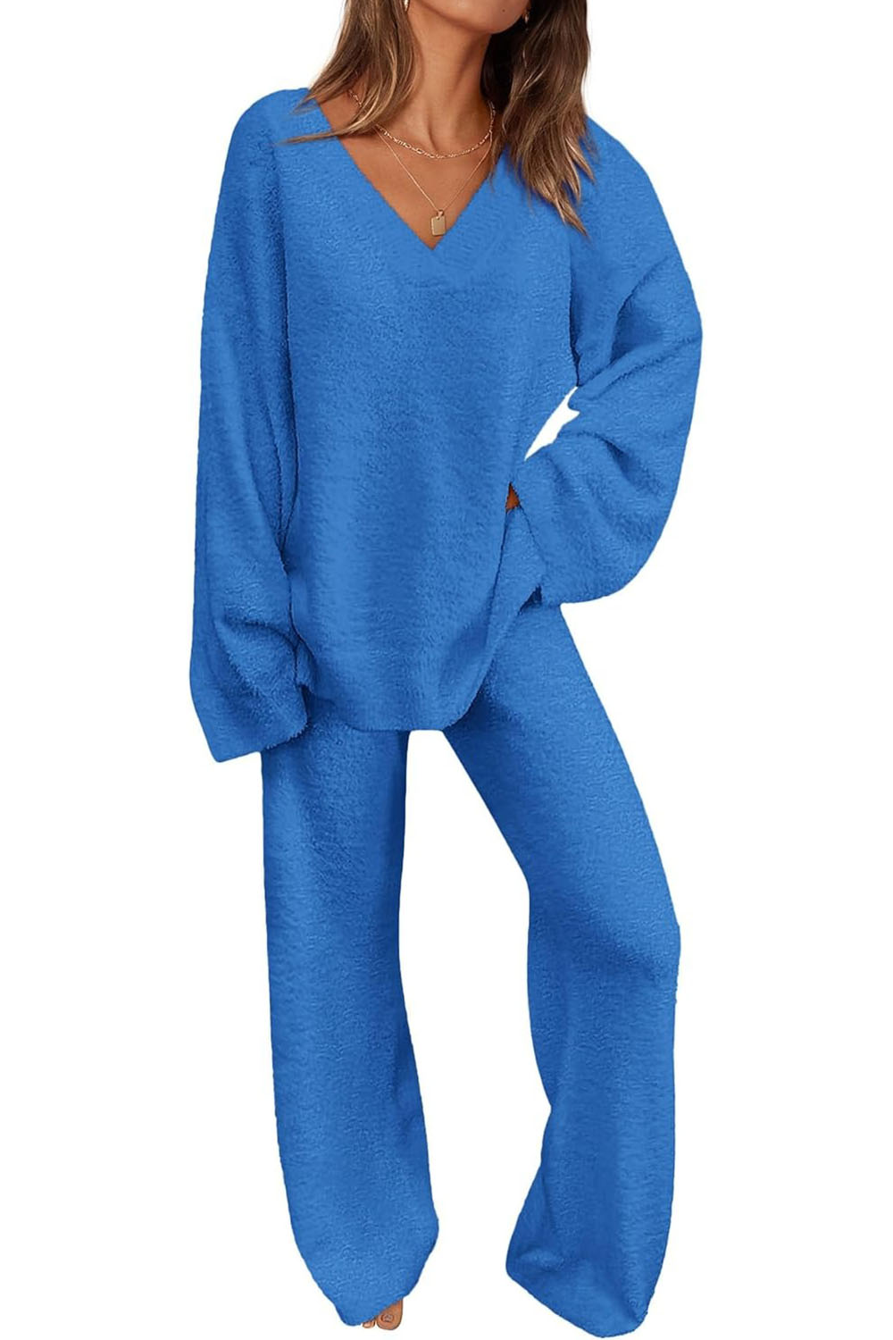 HOT SALE Women's 2 Piece Oversized V Neck Pullover Sweater Fuzzy Lounge Set