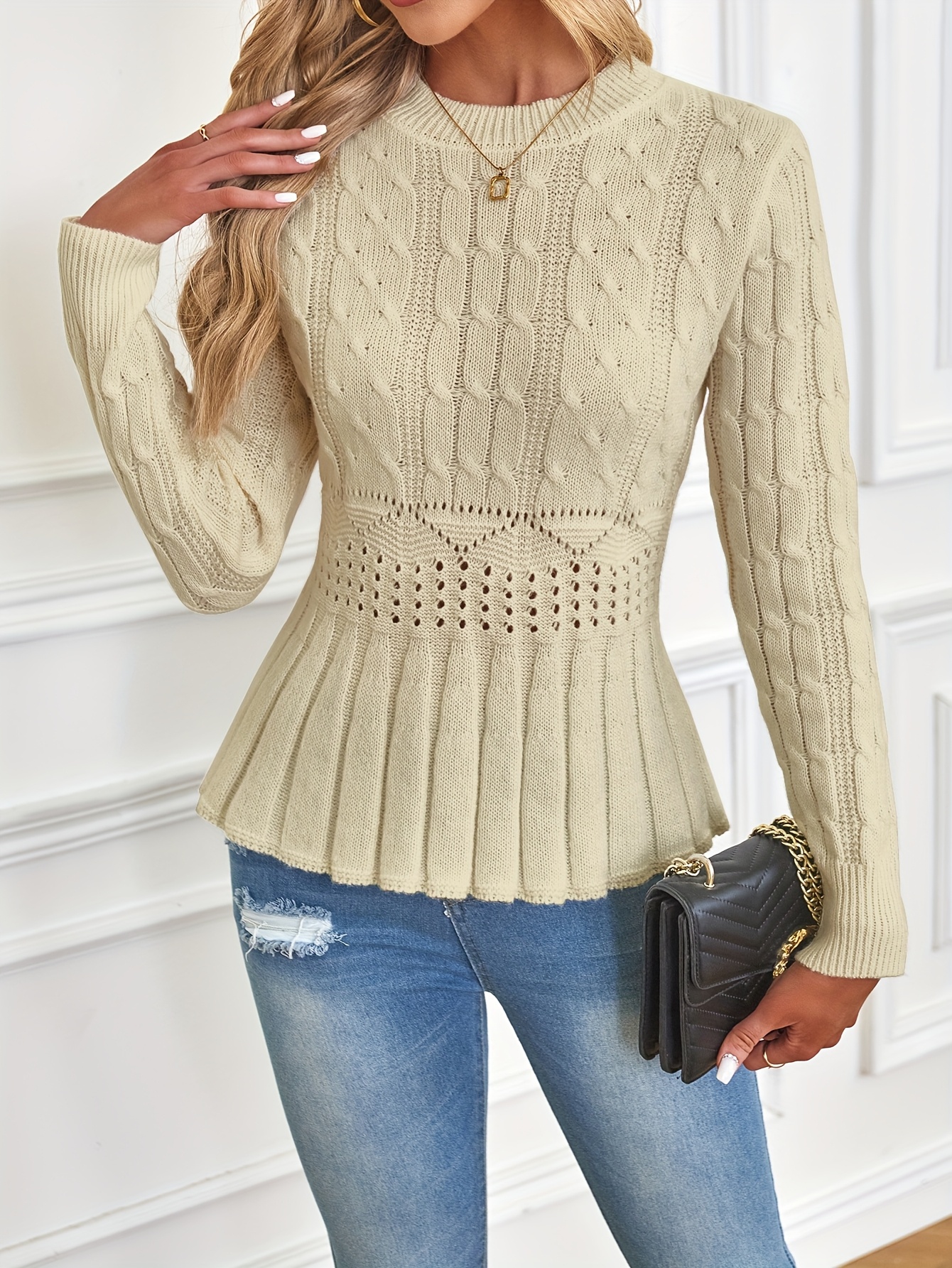 HOT SALE Women's Crew Neck Long Sleeve Chunky Knit Sweater