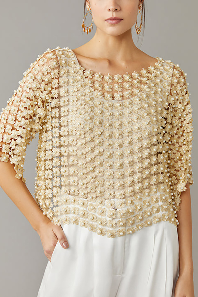 Women's Lace Beaded Floral Cutout Long Sleeve Top Coverup