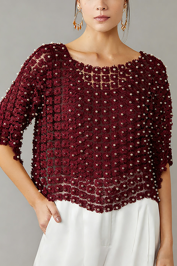 Women's Lace Beaded Floral Cutout Long Sleeve Top Coverup