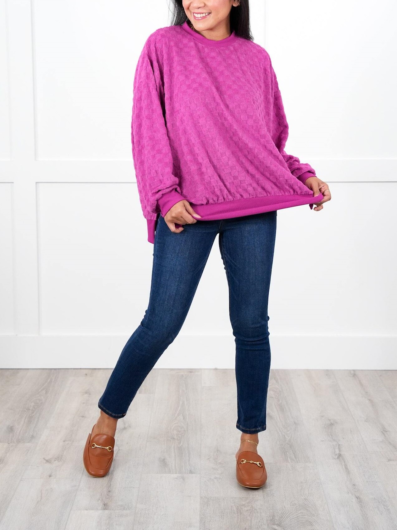 Oversized Textured Round Neck Dolman Sleeve Side Slits Top