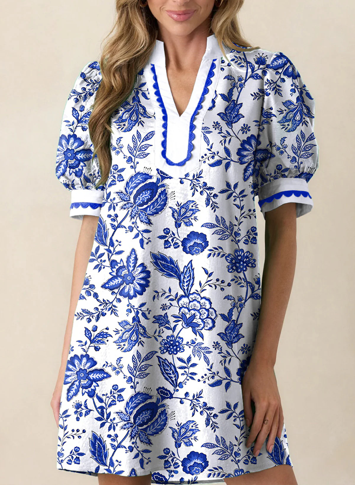Women's Floral Print V Neck Ricrac Trim Puff Sleeve Dress
