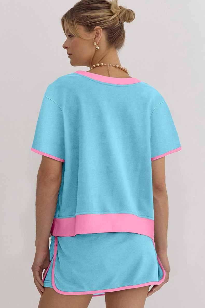 Women's Colorblock Drop Shoulder T Shirt Skort 2Pcs Set