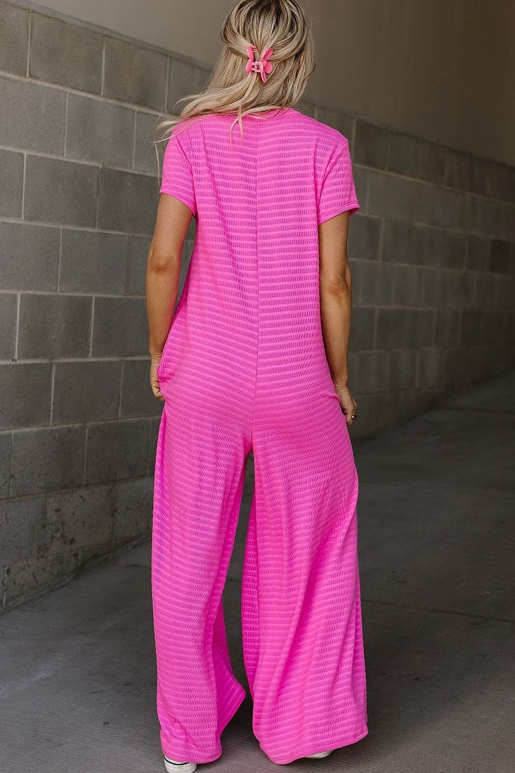 Short Sleeve Button-front Textured Jumpsuit