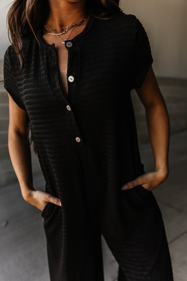 Short Sleeve Button-front Textured Jumpsuit