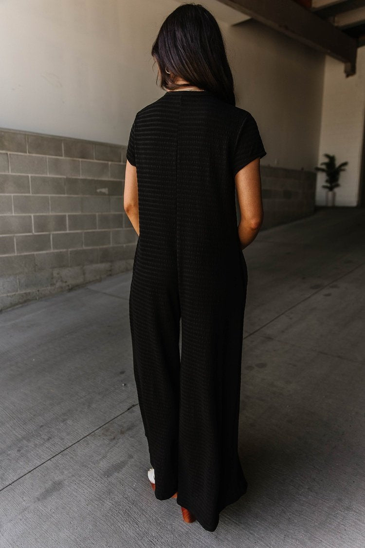 Short Sleeve Button-front Textured Jumpsuit