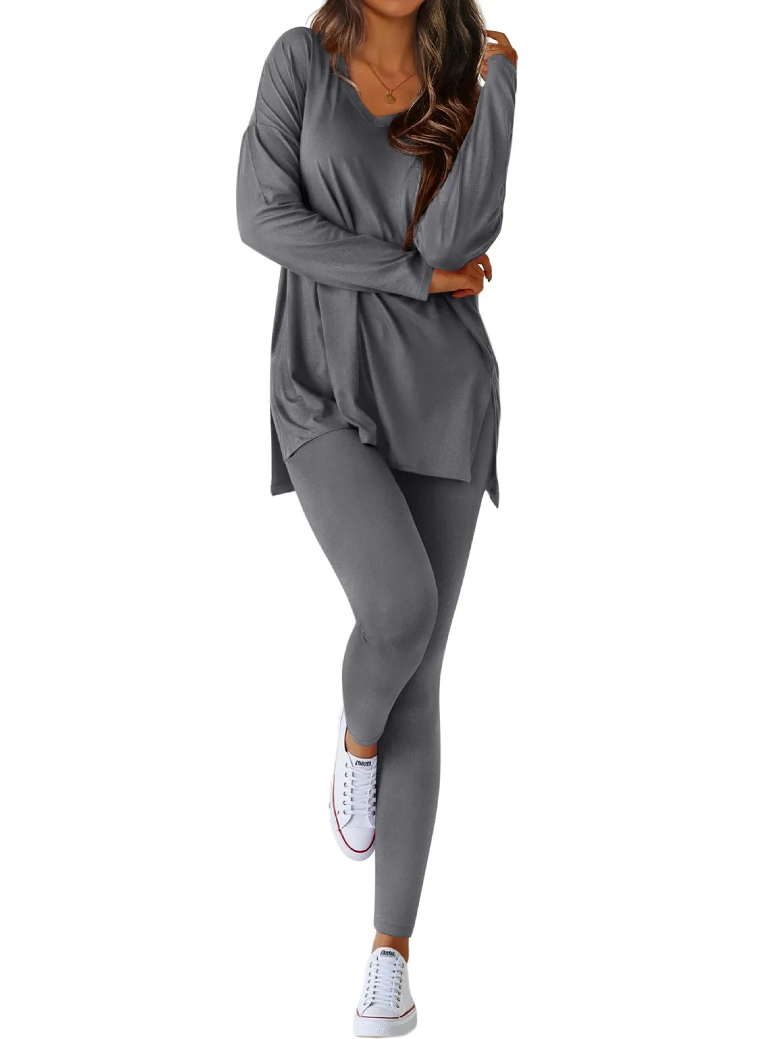 Women's V-neck Oversized Shirts Leggings Casual Lounge Matching Set