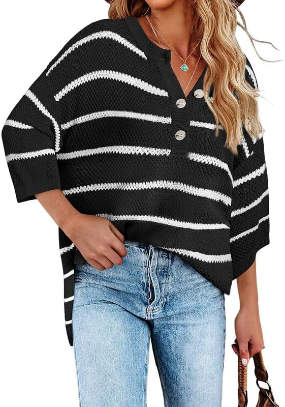 Women's Striped Button Down V Neck 3/4 Sleeve Lightweight Knit Pullover