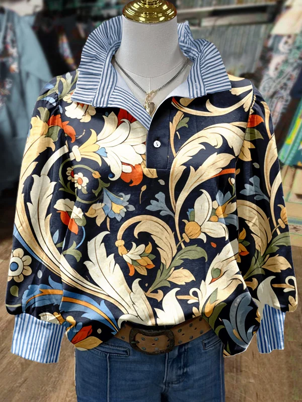 Vintage Floral Print Striped Collar Top