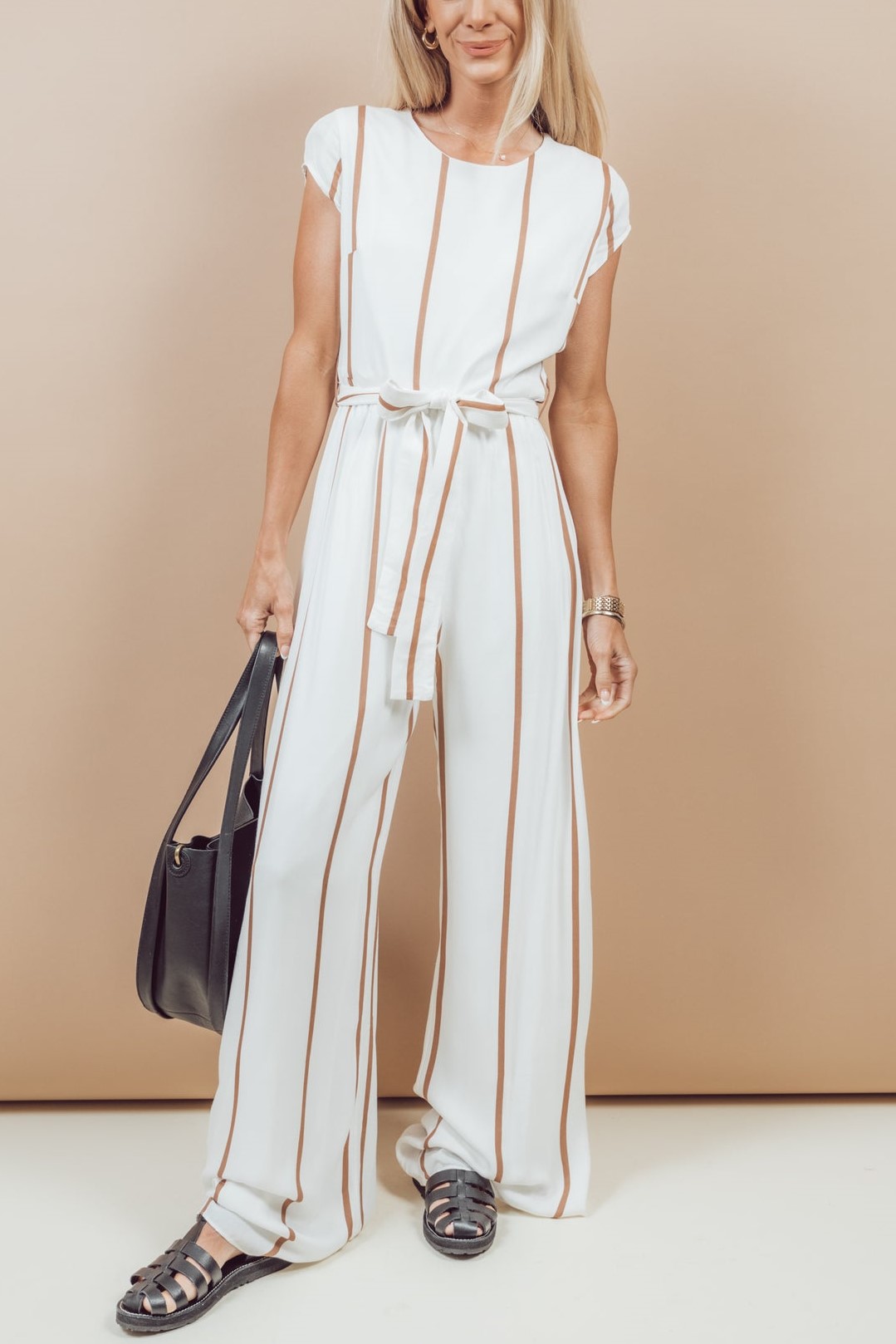 Short Capped Sleeve Striped Lace-up Jumpsuit