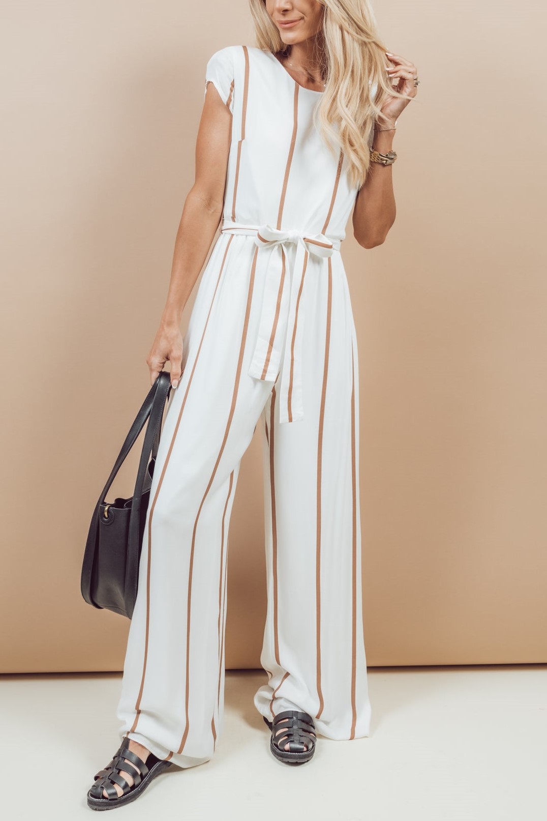 Short Capped Sleeve Striped Lace-up Jumpsuit