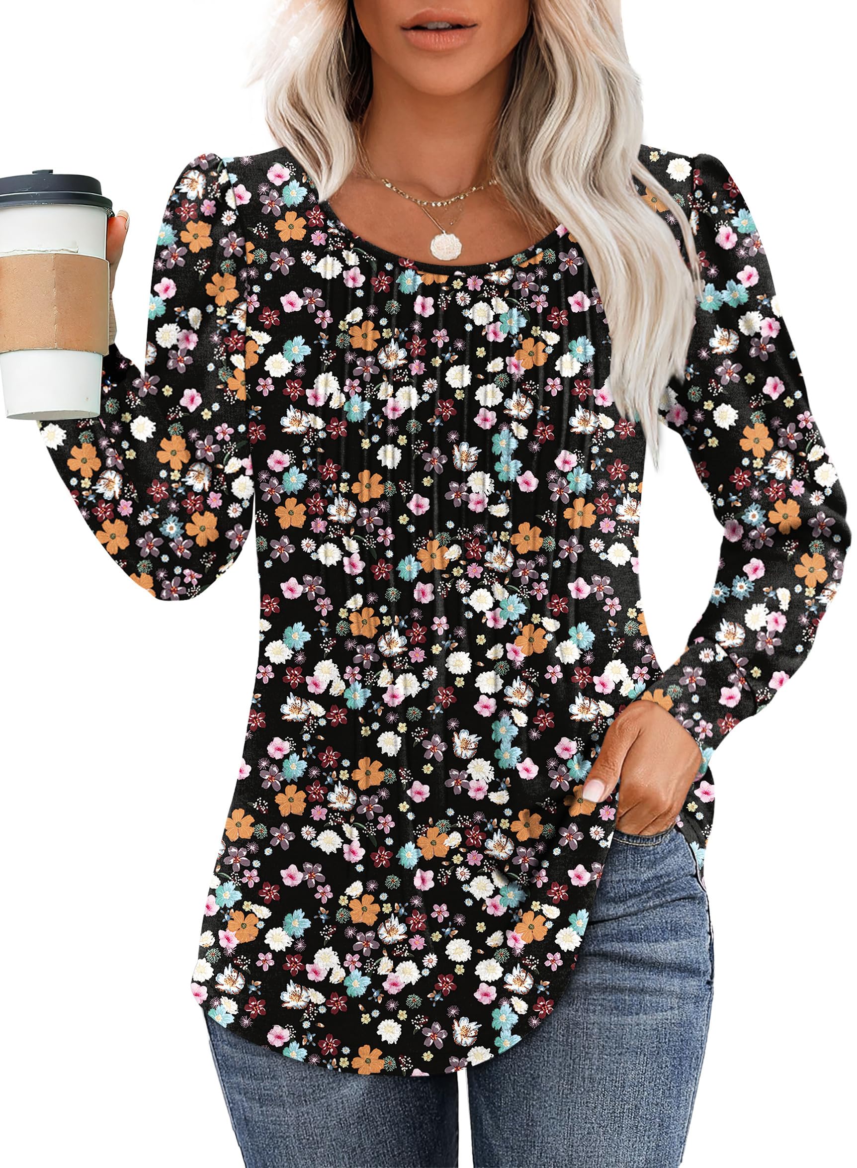 Women's Printed Long Sleeve Pleated Front Tunic Tops