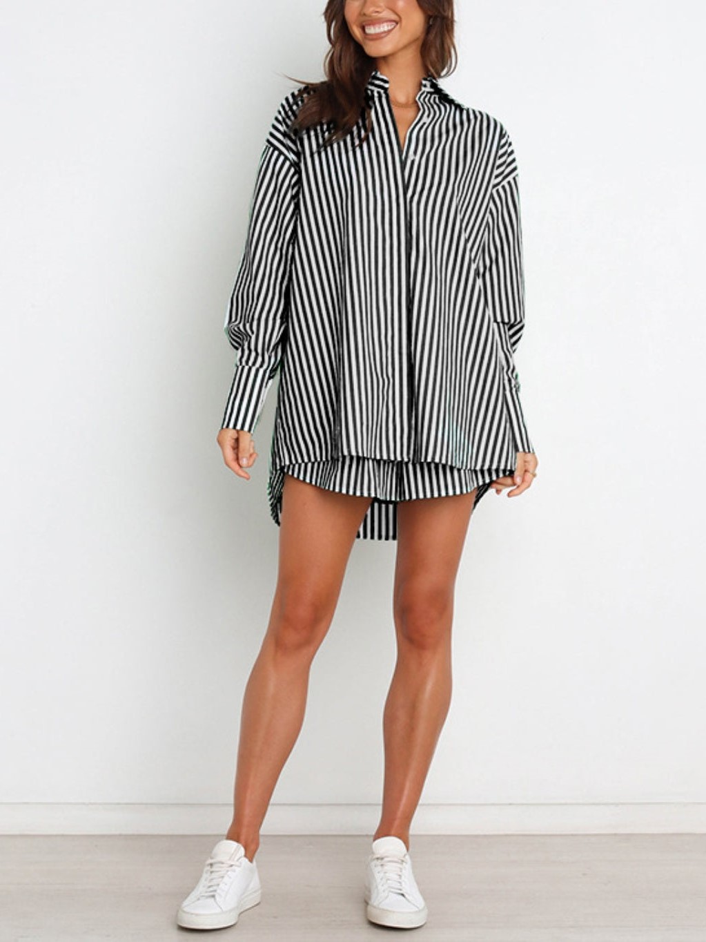 HOT SALE Striped Dropped Shoulder Shirt and Shorts Set