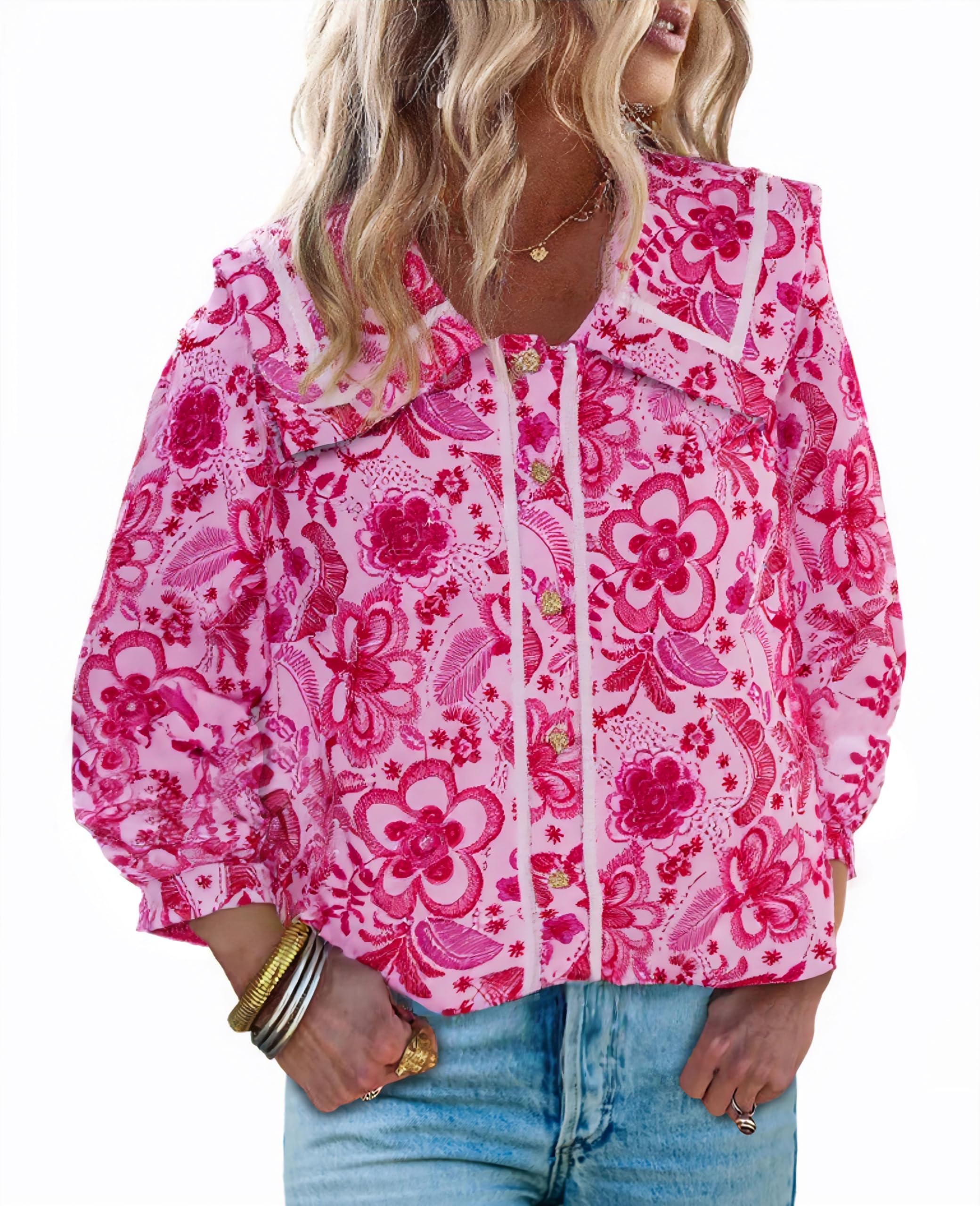Women's Floral Collared 3/4 Lantern Sleeve Button Down Shirt