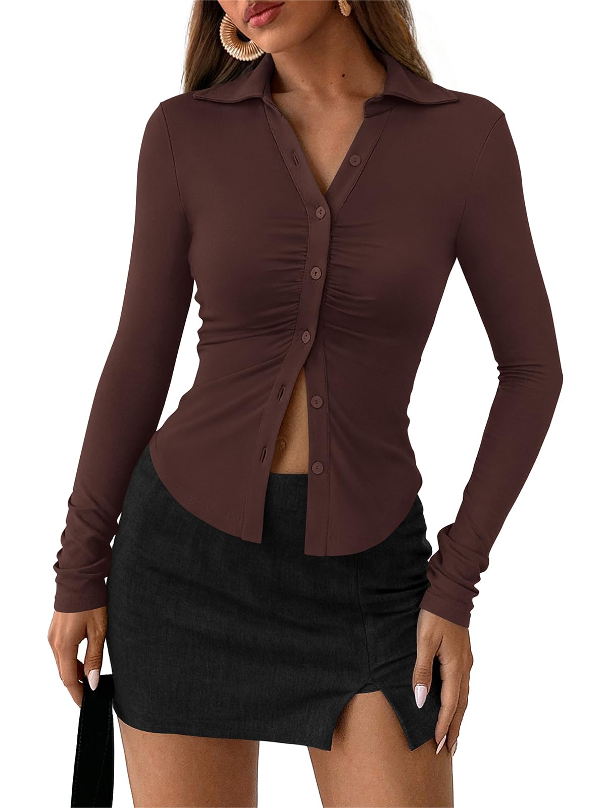 Women's Ruched Front Button Down Slim Fit Long Sleeve Shirt