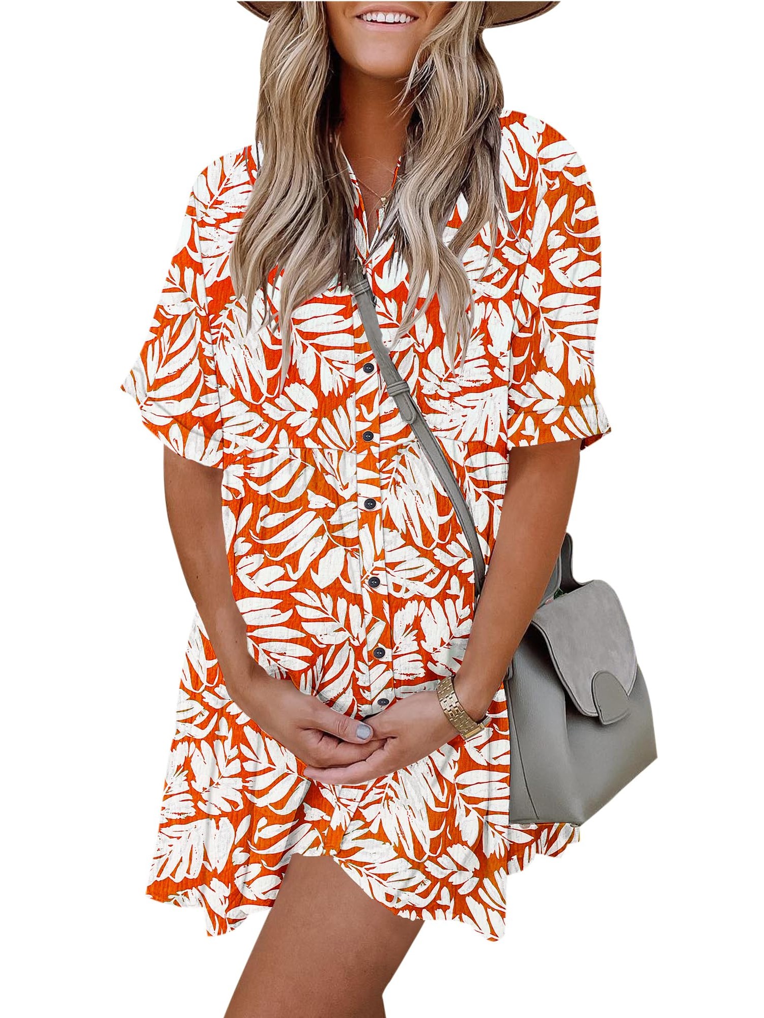 Women's Printed Short Sleeve Button Down Dress with Pockets