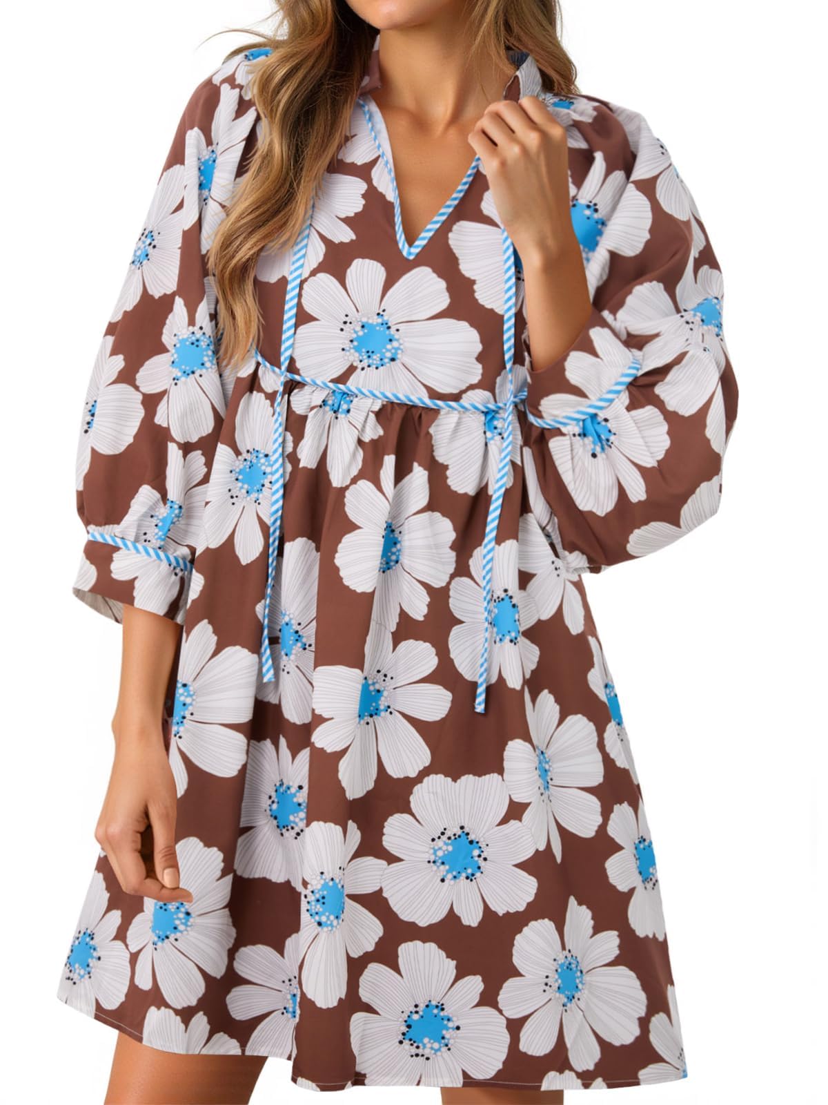 Women's Floral 3/4 Balloon Sleeve V Neck Flowy Babydoll Dress