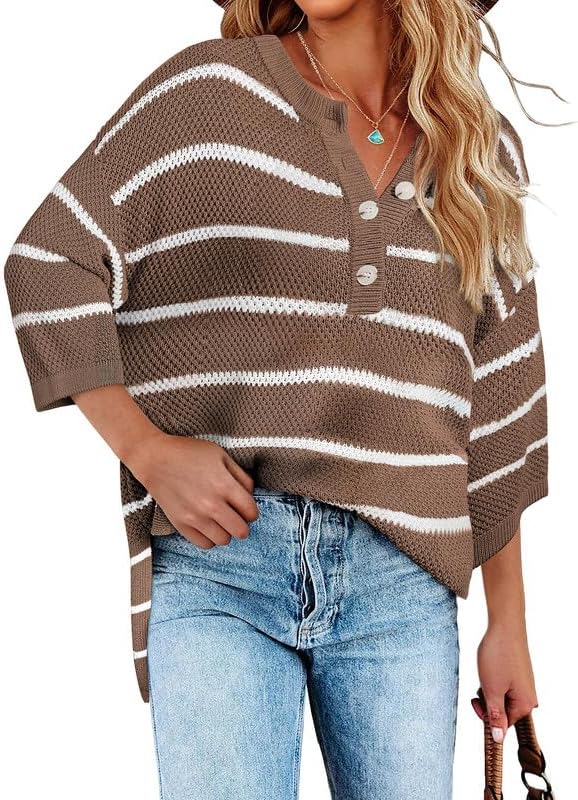 Women's Striped Button Down V Neck 3/4 Sleeve Lightweight Knit Pullover