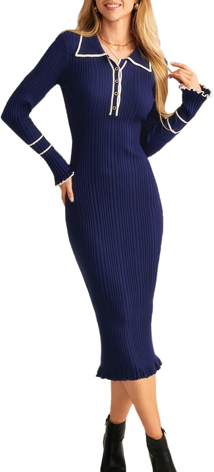 Women's Contrast Color Button Knit Fitted Long Sleeve Sweater Dress