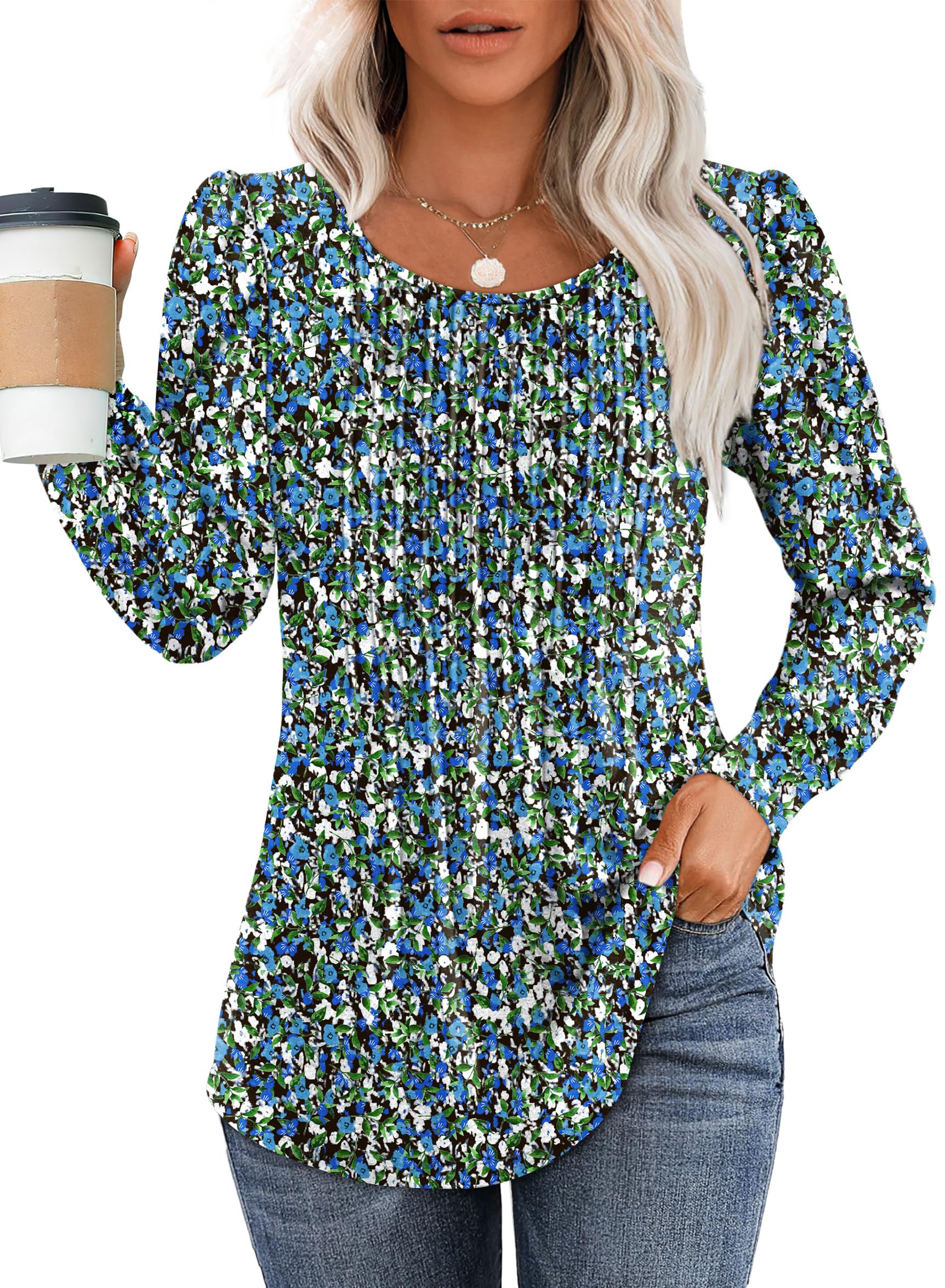 Women's Printed Long Sleeve Pleated Front Tunic Tops