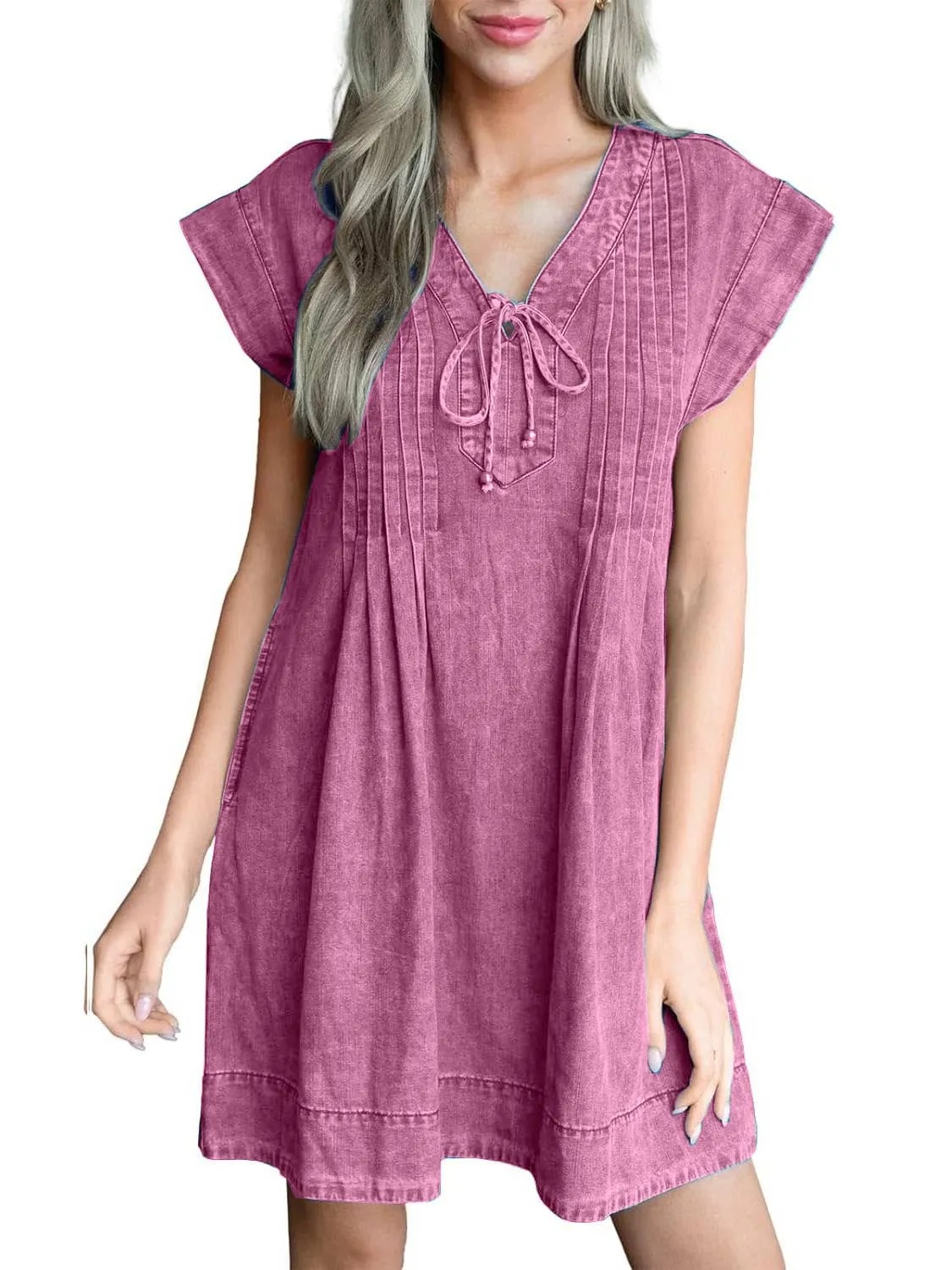HOT SALE Women's V-neck Pleated Denim Dress With Pockets (Buy 2 Free Shipping)