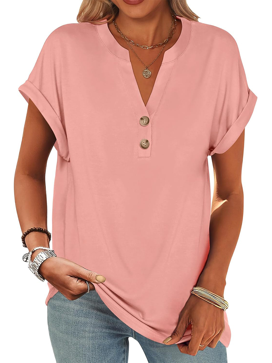 Women's V Neck Button Casual Loose Fit Short Sleeve Shirts Henley Tops