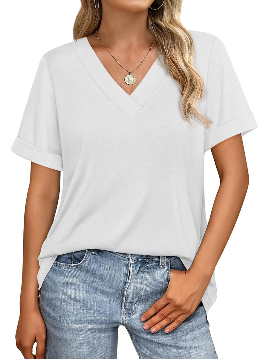 Women's Summer V Neck Short Sleeve Basic Casual T-shirt